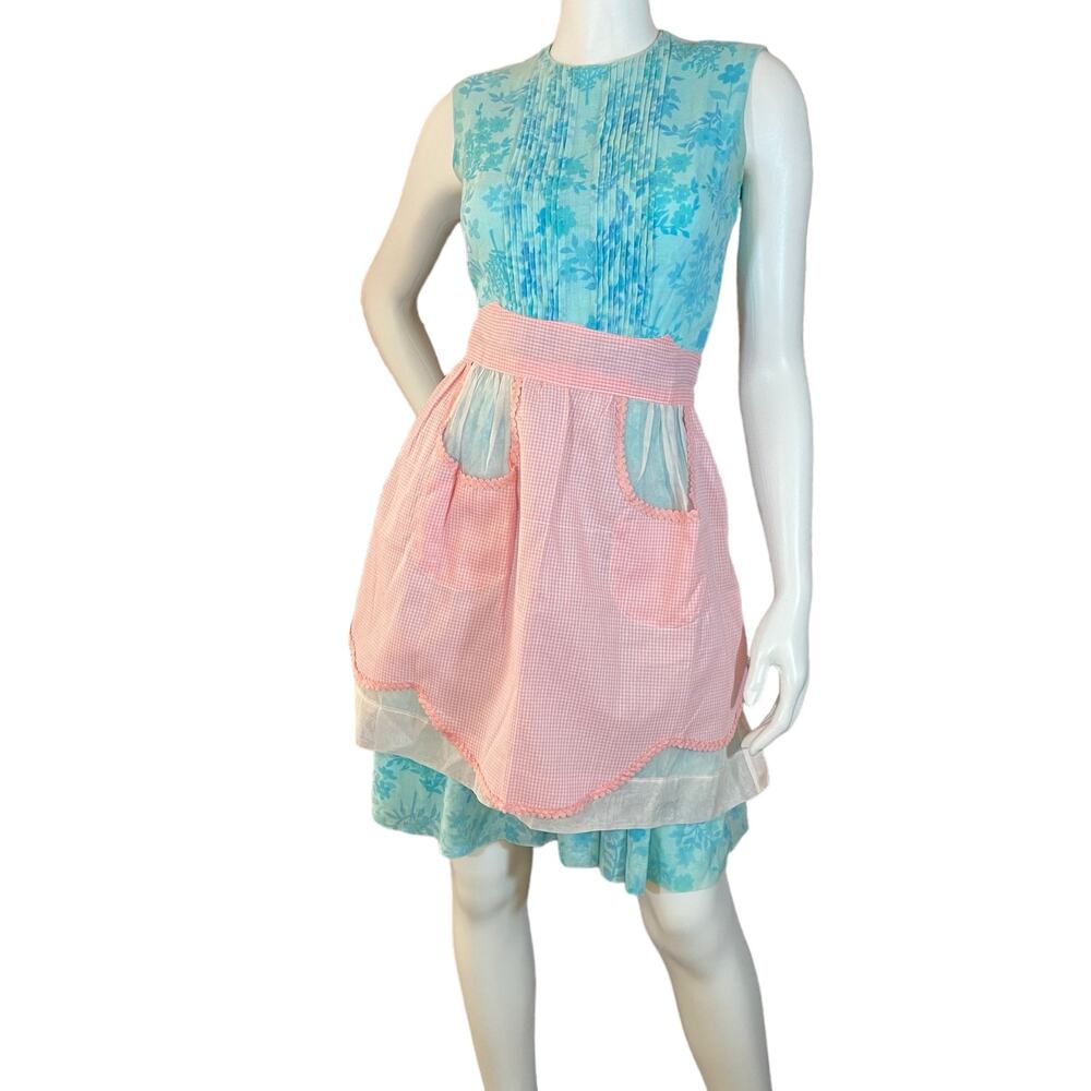 1950s Vintage Pink Organza Half Apron Rick Rack Trim Cottagecore Vintage